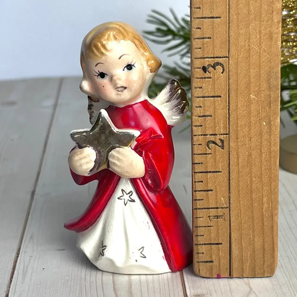 Vintage 1950-60s Porcelain Christmas Angel Red Dress Gold Star 3.5